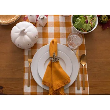 DII Heavyweight Fringed Check Table Runner Pumpkin Spice