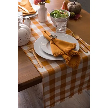 DII Heavyweight Fringed Check Table Runner Pumpkin Spice