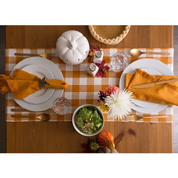 DII Heavyweight Fringed Check Table Runner Pumpkin Spice