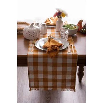 DII Heavyweight Fringed Check Table Runner Pumpkin Spice