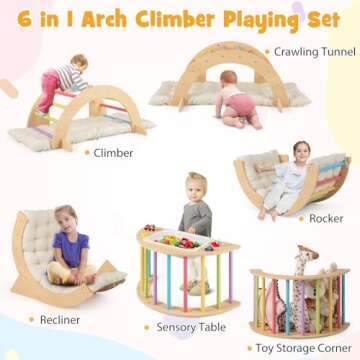 HONEY JOY Wooden Arch Climber with Cushion, Montessori Sensory Table for Kids w/Foldable Storage Bin...