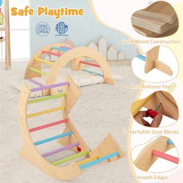 HONEY JOY Wooden Arch Climber with Cushion, Montessori Sensory Table for Kids w/Foldable Storage Bin, Baby Rocker Ladder Play Gym, Toddler Climbing Toys Indoor, Learning Gift for Kids 1-8 (Colorful)