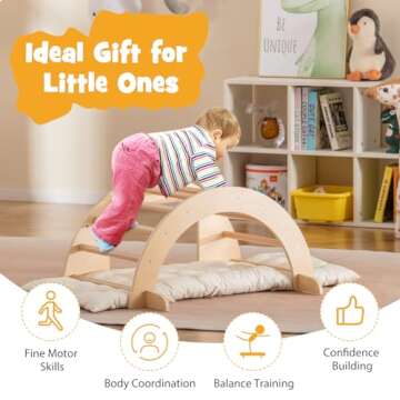HONEY JOY Wooden Arch Climber with Cushion, Montessori Sensory Table for Kids w/Foldable Storage Bin, Baby Rocker Ladder Play Gym, Toddler Climbing Toys Indoor, Learning Gift for Kids 1-8 (Colorful)