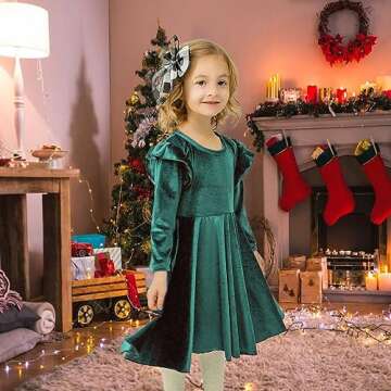 Seiciviy Girls Velvet Dress Ruffled Long Sleeve Casual Spring Fall Dress Princess Christmas Party Dr...