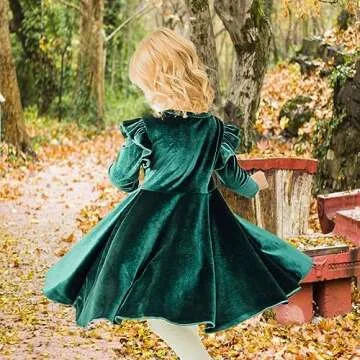 Seiciviy Girls Velvet Dress Ruffled Long Sleeve Casual Spring Fall Dress Princess Christmas Party Dress Winter Outfits Dark Green