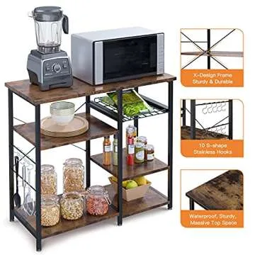 ODK Kitchen Bakers Rack, Utility Storage Shelf Microwave Oven Stand, 3-Tier+3-Tier Coffee Bar Table with 10 S-Shape Hooks for Spice Rack Organizer Workstation, Rustic Brown