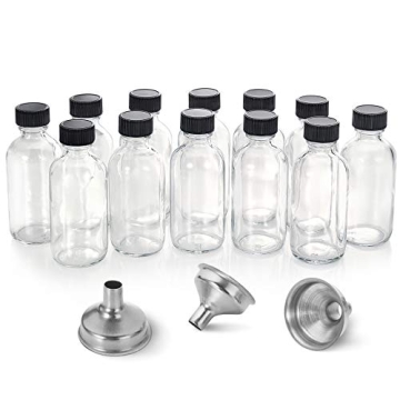 12 Pack, 2 oz Small Clear Glass Bottles w/ Lid & 3 Stainless Steel Funnels - Ideal for Juices, Essen...