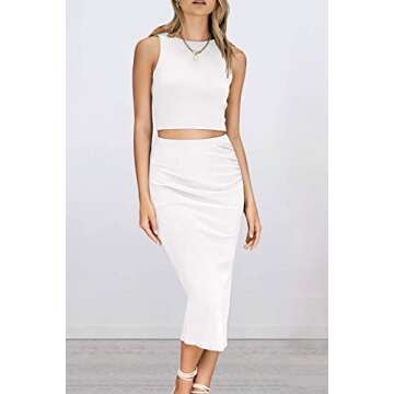 PRETTYGARDEN Women's 2 Piece Summer Outfits Crewneck Tank Tops Split Bodycon Midi Skirt Set (White,X-Large)