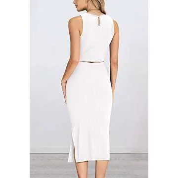 PRETTYGARDEN Women's 2 Piece Summer Outfits Crewneck Tank Tops Split Bodycon Midi Skirt Set (White,X-Large)