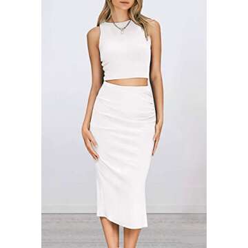 PRETTYGARDEN Women's 2 Piece Summer Outfits Crewneck Tank Tops Split Bodycon Midi Skirt Set (White,X-Large)