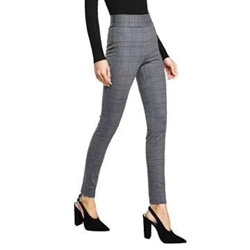 SweatyRocks Women's Casual Skinny Leggings Stretchy High Waisted Work Pants Elastic Waisted Plaid Small