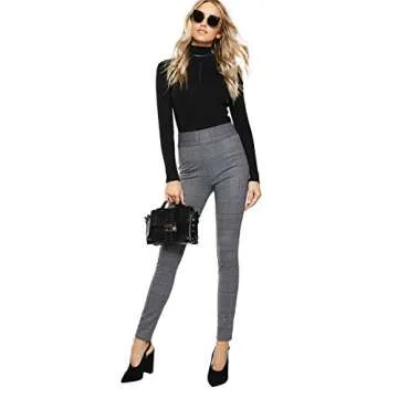 SweatyRocks Women's Casual Skinny Leggings Stretchy High Waisted Work Pants Elastic Waisted Plaid Small