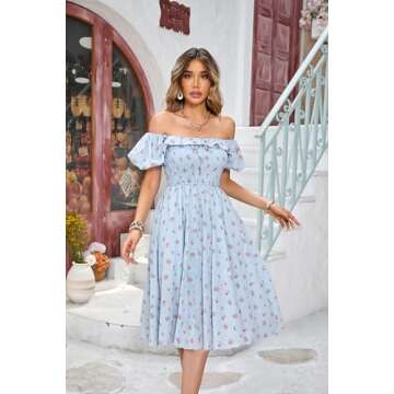 R.Vivimos Women's Summer Floral Print Puff Sleeves Vintage Ruffles Midi Dress (Large, Blue)