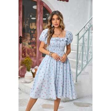 R.Vivimos Floral Print Puff Sleeve Vintage Midi Dress