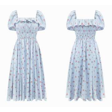 R.Vivimos Floral Print Puff Sleeve Vintage Midi Dress