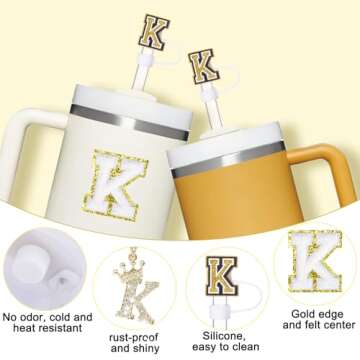 Mity rain 6pcs Cup Accessories Set for Stanley Cup 30 oz 40 oz Tumbler with Handle, Including Straw Cover Cap, Cup Initials Charm, Sticker, Silicone Boot, Round and Square Spill Proof Stopper,Letter K