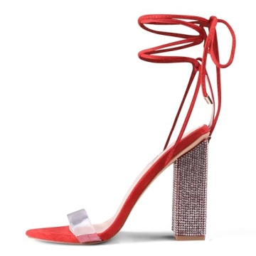 GENSHUO Sexy Strappy Rhinestone Chunky Sandals for Women 12cm/4.72inch Lace-up High Heels Transparen...