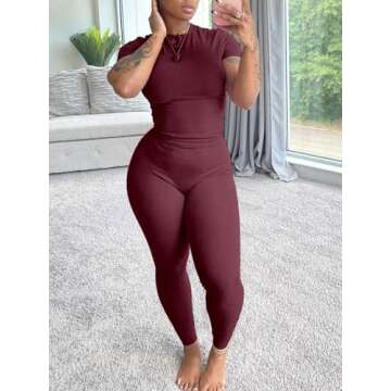 HBQ Women Two Piece Outfits Workout Sets Ribbed Casual Jogging Suits Short Sleeve Tracksuits-XXL-Wind Red