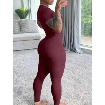 HBQ Women Two Piece Outfits Workout Sets Ribbed Casual Jogging Suits Short Sleeve Tracksuits-XXL-Wind Red