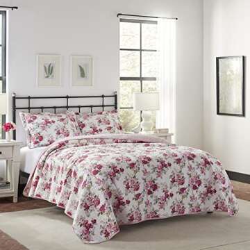 Laura Ashley Lidia Collection Quilt Set-100% Cotton, Reversible, Lightweight & Breathable Bedding, P...