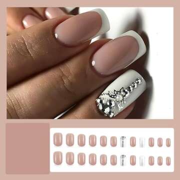 RIICFDD 24 Pcs French Tip Press On Nails - Short Square Pink Fake Nails with Charm, Pearl, Butterfly...
