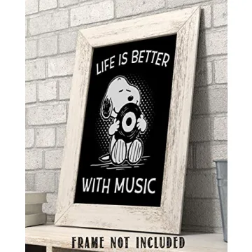 Life Is Better With Music - Snoopy Quotes Music Wall Art Print, Typographic Wall Decor For Music Room, Studio, Home, Office & Aesthetic Room Decor - Unframed Wall Art Music Print - 8 x 10”