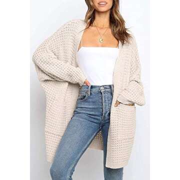 YIBOCK Women's Long Sleeve Open Front Chunky Cable Knit Loose Cardigan Sweater Beige L