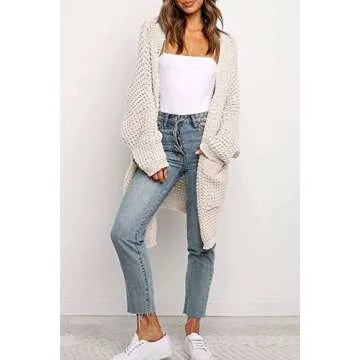 YIBOCK Women's Long Sleeve Open Front Chunky Cable Knit Loose Cardigan Sweater Beige L