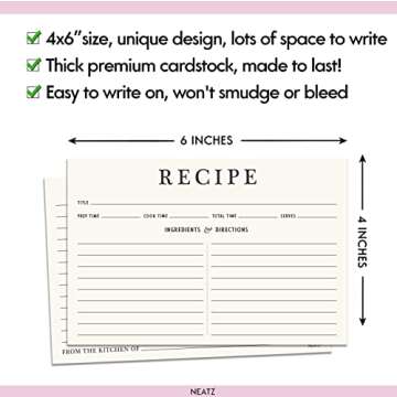 Neatz Classic Recipe Cards 4x6 Inches, 50 count, Double Sided. Thick Card Stock. Perfect for Recipe Box & Recipe Binder