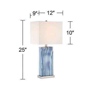 360 Lighting Connie Modern Table Lamps 25" Tall Set of 2 with USB Charging Ports Blue Faux Marble White Rectangular Shade for Bedroom Living Room House Desk Bedside Nightstand Office Family