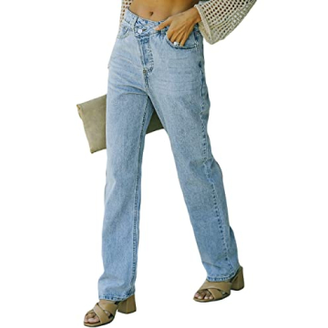 DIFIUPAI Women's Vintage Asymmetrical Straight Denim Jeans