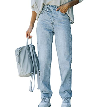 DIFIUPAI Women's Vintage Asymmetrical Straight Denim Jeans