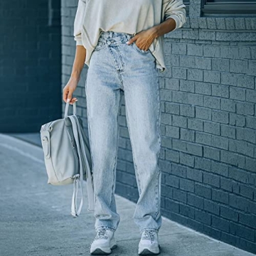 DIFIUPAI Women's Vintage Asymmetrical Straight Denim Jeans