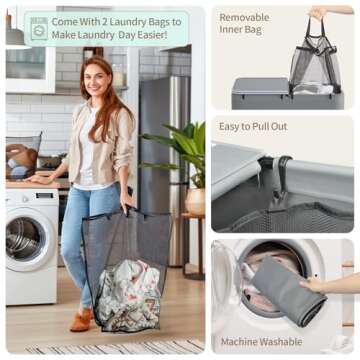 Yecaye 150L Laundry Hamper with Wheels, Rolling Laundry Basket with Lid and 2 Removable Laundry Bag, Large Capacity 2 Section Clothes Hampers for Laundry Room, Bedroom, Bathroom, Dorm, Grey