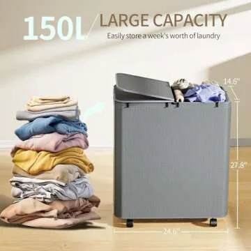 Yecaye 150L Laundry Hamper with Wheels, Rolling Laundry Basket with Lid and 2 Removable Laundry Bag, Large Capacity 2 Section Clothes Hampers for Laundry Room, Bedroom, Bathroom, Dorm, Grey