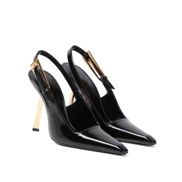 THESHY Women's Slingback Stiletto High Heels Square Toe Metal Buckle Pumps Backless Patent Leather F...