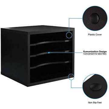 FITUEYES Wood Desk Paper Organizer with 4 Tiers Storage, Desktop File Holder, Document Letter Sorter Tray with Adjustable Shelves, Home Office Wooden Mail Rack, Black
