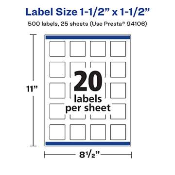 Avery Matte White Square Labels with Sure Feed, 1.5" x 1.5", 500 Matte White Printable Labels