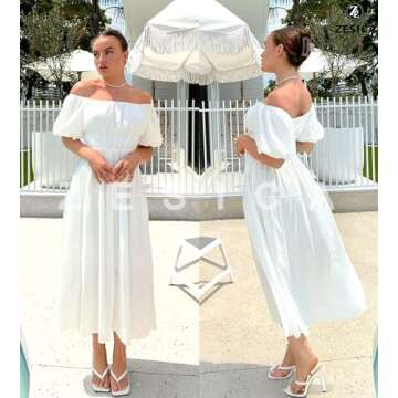 ZESICA Women's Sexy Boho Off Shoulder Puff Short Sleeve High Waist Ruffled Flowy A Line Beach Party Midi Dress,White,Large