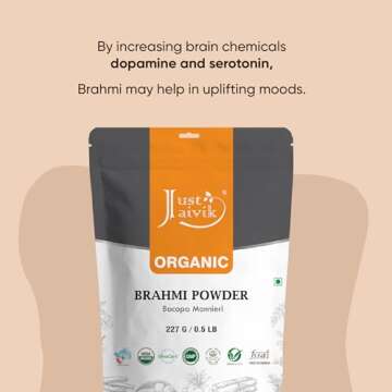 Just Jaivik 100% Organic Brahmi Powder Bacopa Monnieri- USDA Certified Organic, 227 GMS / 1/2 LB Pound / 08 Oz
