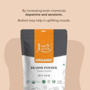 Just Jaivik 100% Organic Brahmi Powder Bacopa Monnieri- USDA Certified Organic, 227 GMS / 1/2 LB Pound / 08 Oz