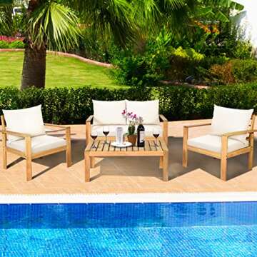 Tangkula Outdoor 4-Piece Acacia Wood Chat Set, 4 Seater Acacia Wood Conversation Sofa and Table Set with Water Resistant Cushions, Teak Finished (1, White)
