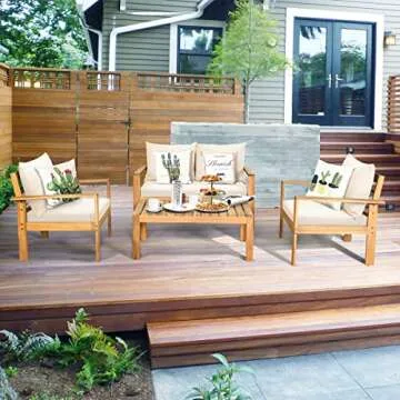 Tangkula Outdoor 4-Piece Acacia Wood Chat Set, 4 Seater Acacia Wood Conversation Sofa and Table Set with Water Resistant Cushions, Teak Finished (1, White)