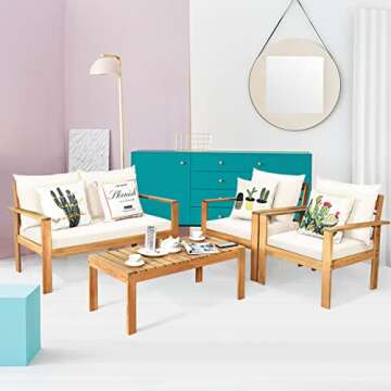 Tangkula Outdoor 4-Piece Acacia Wood Chat Set, 4 Seater Acacia Wood Conversation Sofa and Table Set with Water Resistant Cushions, Teak Finished (1, White)