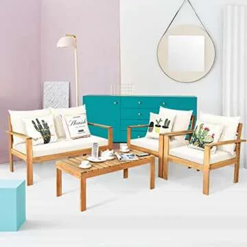 Tangkula Outdoor 4-Piece Acacia Wood Chat Set, 4 Seater Acacia Wood Conversation Sofa and Table Set with Water Resistant Cushions, Teak Finished (1, White)