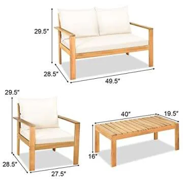 Tangkula Outdoor 4-Piece Acacia Wood Chat Set, 4 Seater Acacia Wood Conversation Sofa and Table Set with Water Resistant Cushions, Teak Finished (1, White)