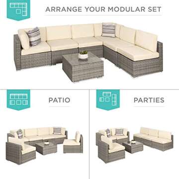 Best Choice Products 7-Piece Modular Outdoor Sectional Wicker Patio Conversation Set w/ 2 Pillows, Coffee Table, Cover Included - Gray/Cream