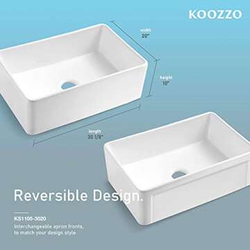 Koozzo 30-Inch Farmhouse Ceramic Kitchen Sink, Reversible Single Bowl Farm Sink with Strainer