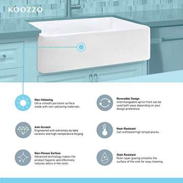 Koozzo 30-Inch Farmhouse Ceramic Kitchen Sink, Reversible Single Bowl Farm Sink with Strainer