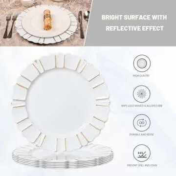 MAONAME 13" White Charger Plates, Antique Plate Chargers with Wipe Gold Waved Scalloped Rim, Plastic Chargers for Table Setting, Wedding decor, Set of 6